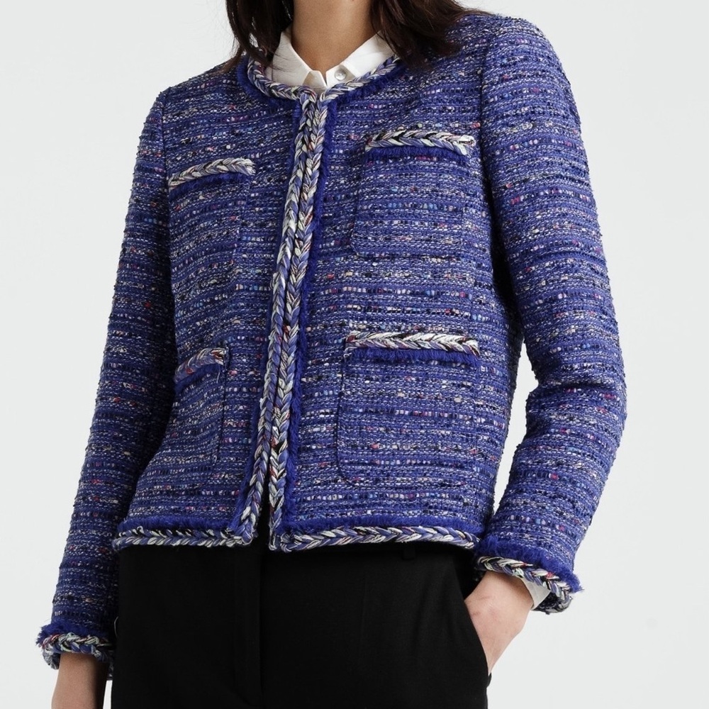 J. Crew Lady Jacket In Cobalt Rainbow Tweed Braided
Trim Fringe Eye/Hook SZ 14
